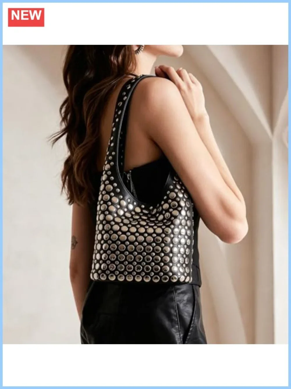 Studded Hobo Bag PU Leather Rivets Bucket Purse for Women